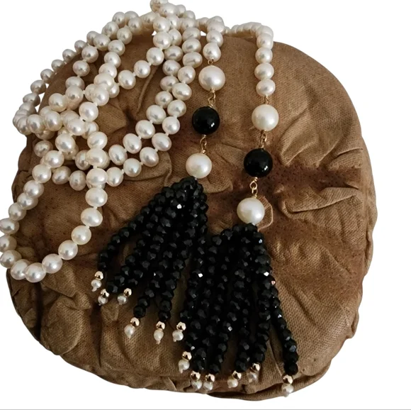 Lariat pearl necklace petite pearls high luster 18k GP hand knottedA0123 -1Q